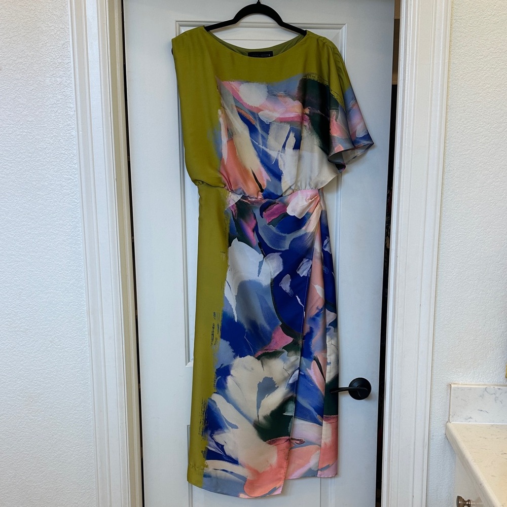 Zara Olive Green Floral-Print Midi Dress